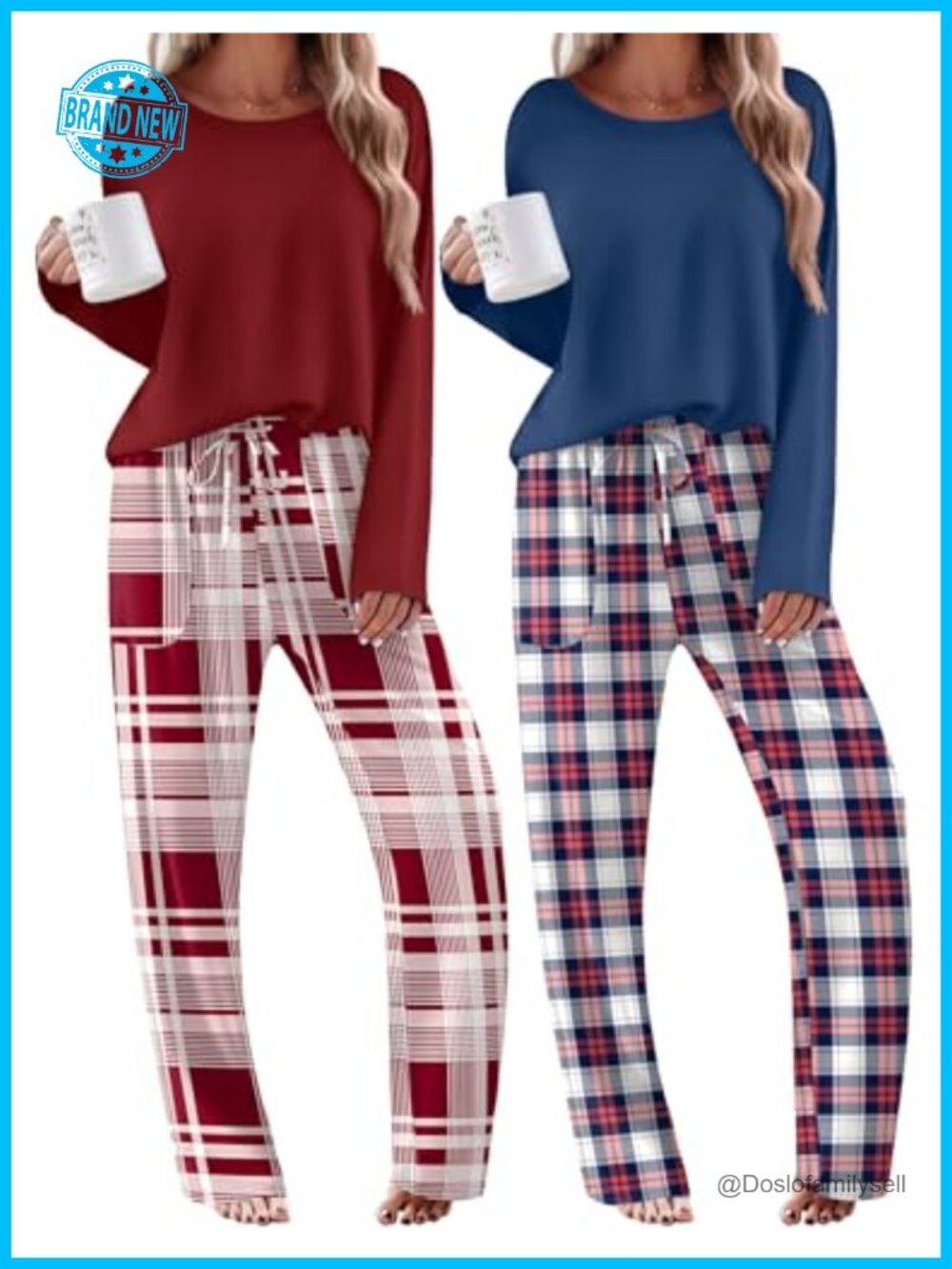 Women's 2 Pack Long Sleeve Pajama Sets Soft Knit Loungewear Pjs